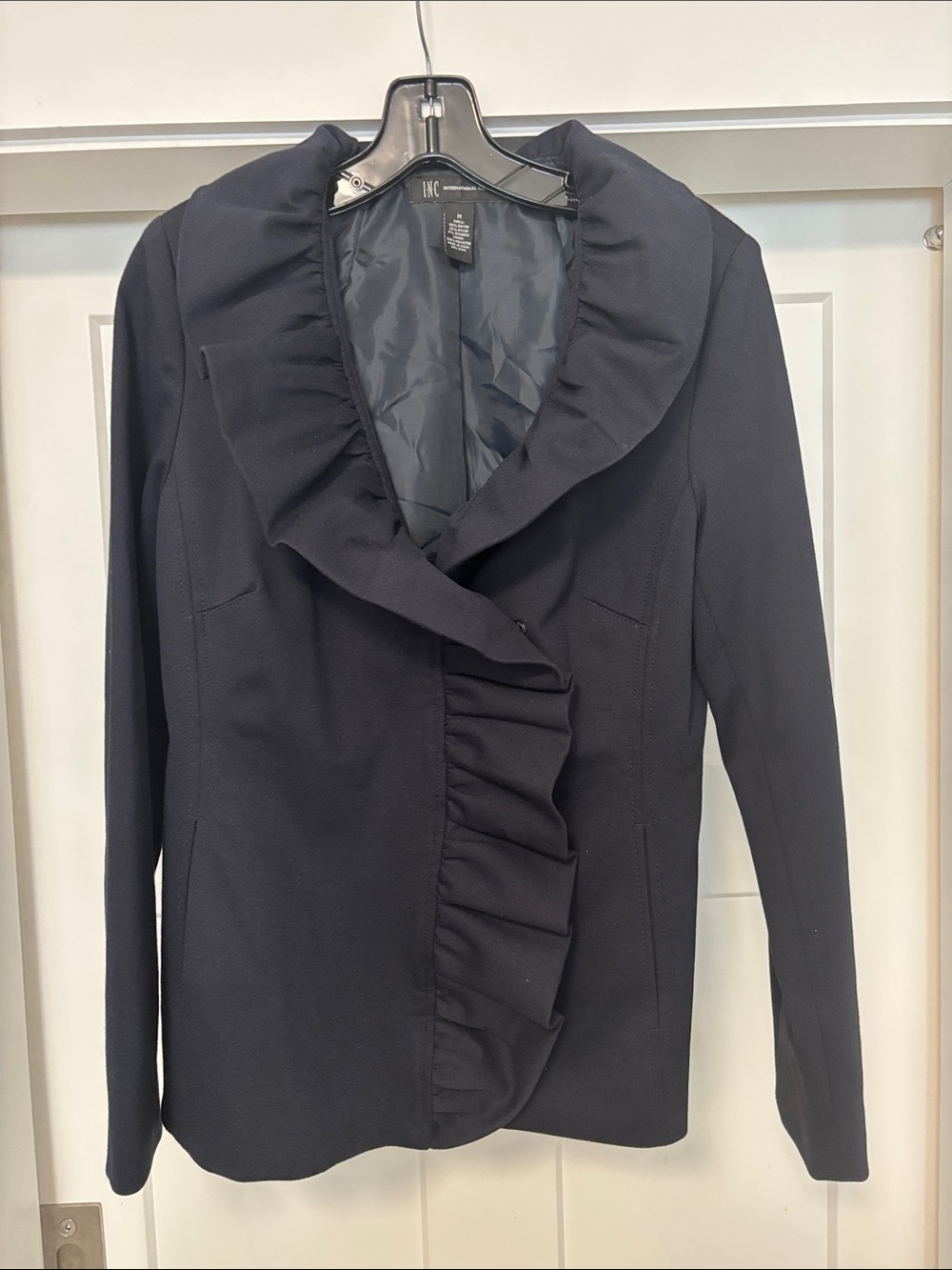 INC International Concepts Navy Ruffle-Front Blazer